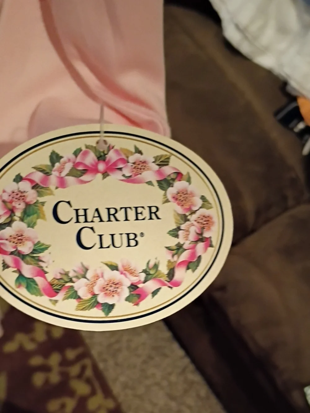 Charter Club Pale Pink Satin-Trim Nightgown w Floral Crocheted Laced Pocket